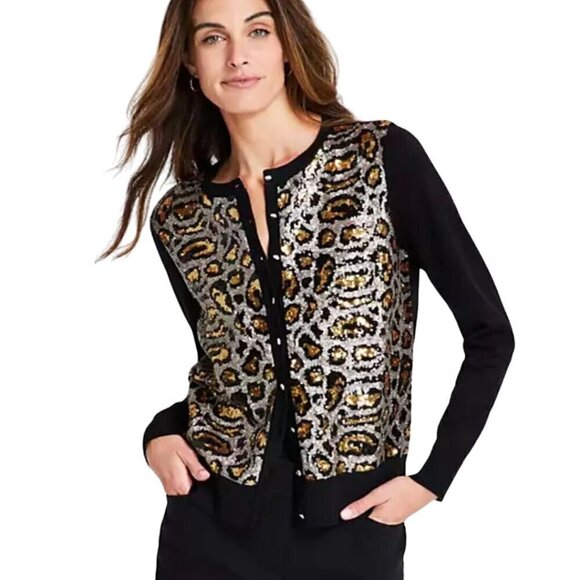 JM Collection Leopard Sequin Party Cardigan Sweater Rayon Blend Size PL - Picture 1 of 9